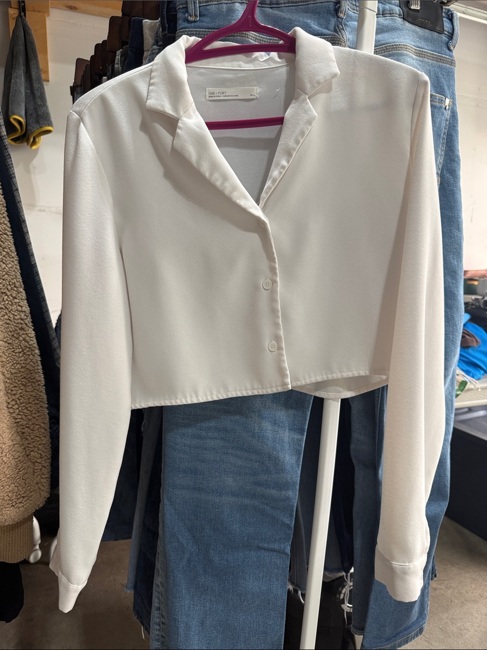 OAK + FORT Cropped Button-Front Shirt Jacket in White